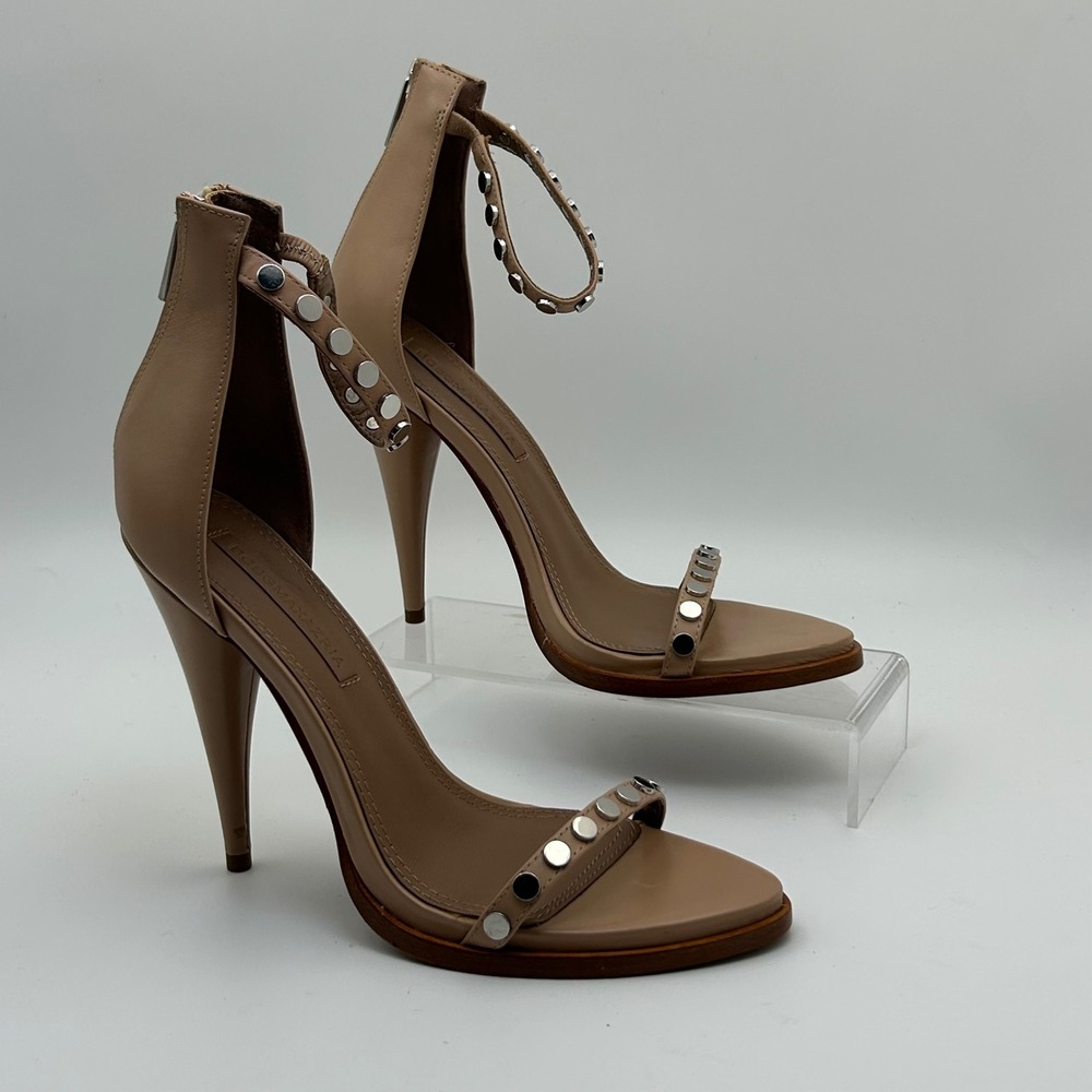 BCBGMAXAZRIA Marie Sandals Womens 7.5 Tan Studded Leather Stiletto Edgy Chic